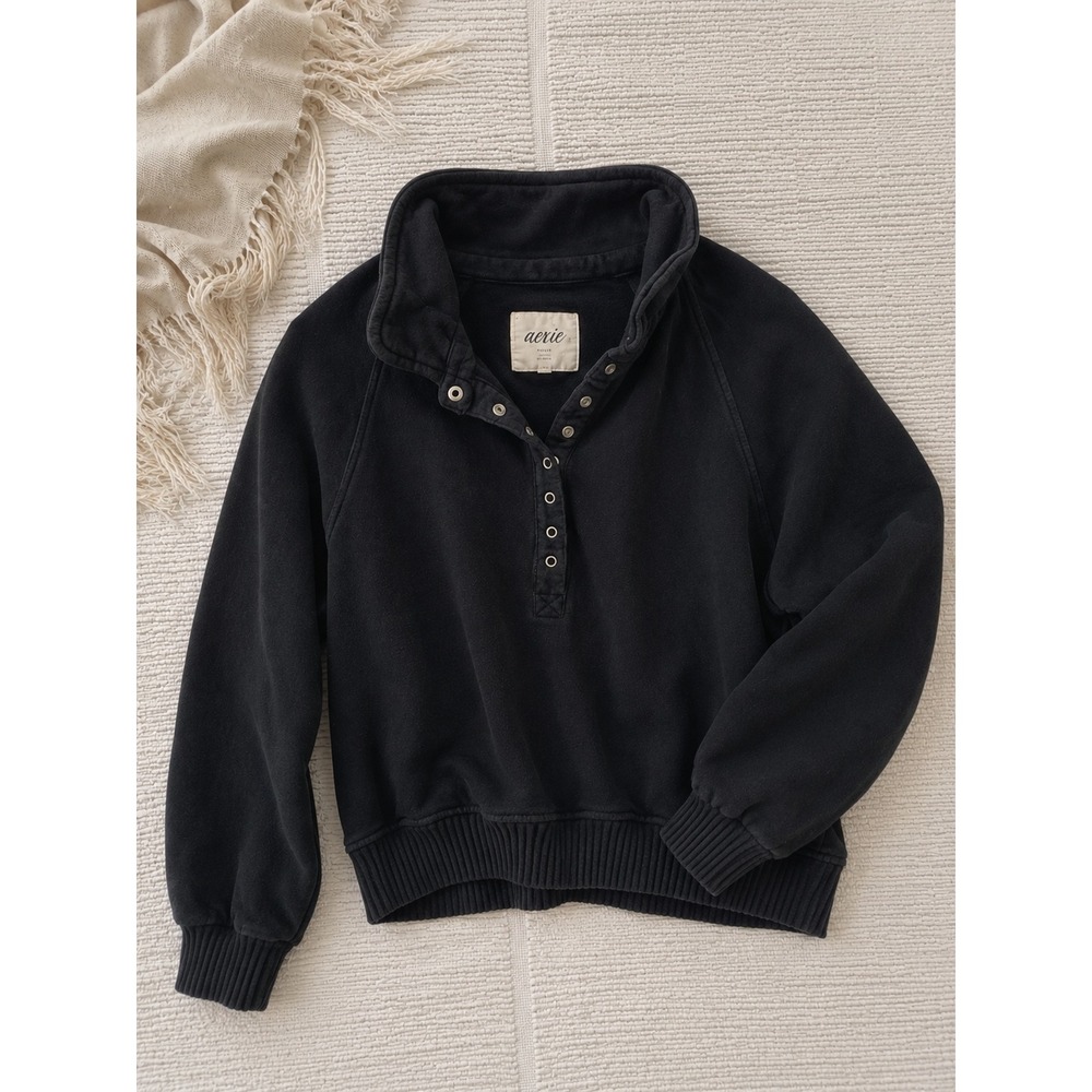 Aerie Black Snap Button Mock Neck Sweatshirt Pullover Large